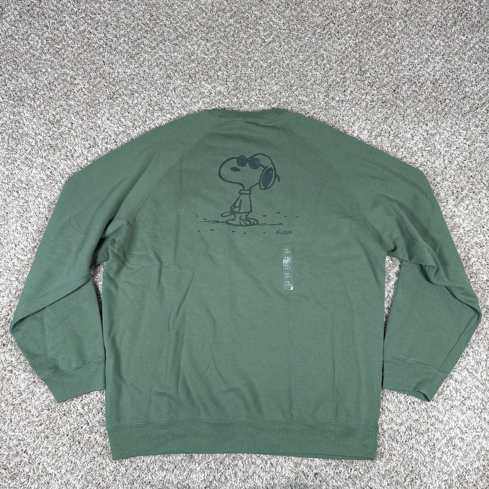 Uniqlo Peanuts Sweatshirt Mens XL Green Snoopy Joe Cool Cotton Graphic Raglan - Picture 2 of 9
